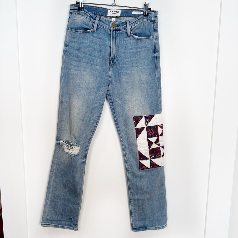 FRAME Le High Straight Patchwork Jeans Distressed Light Wash Size 27 - Picture 3 of 10